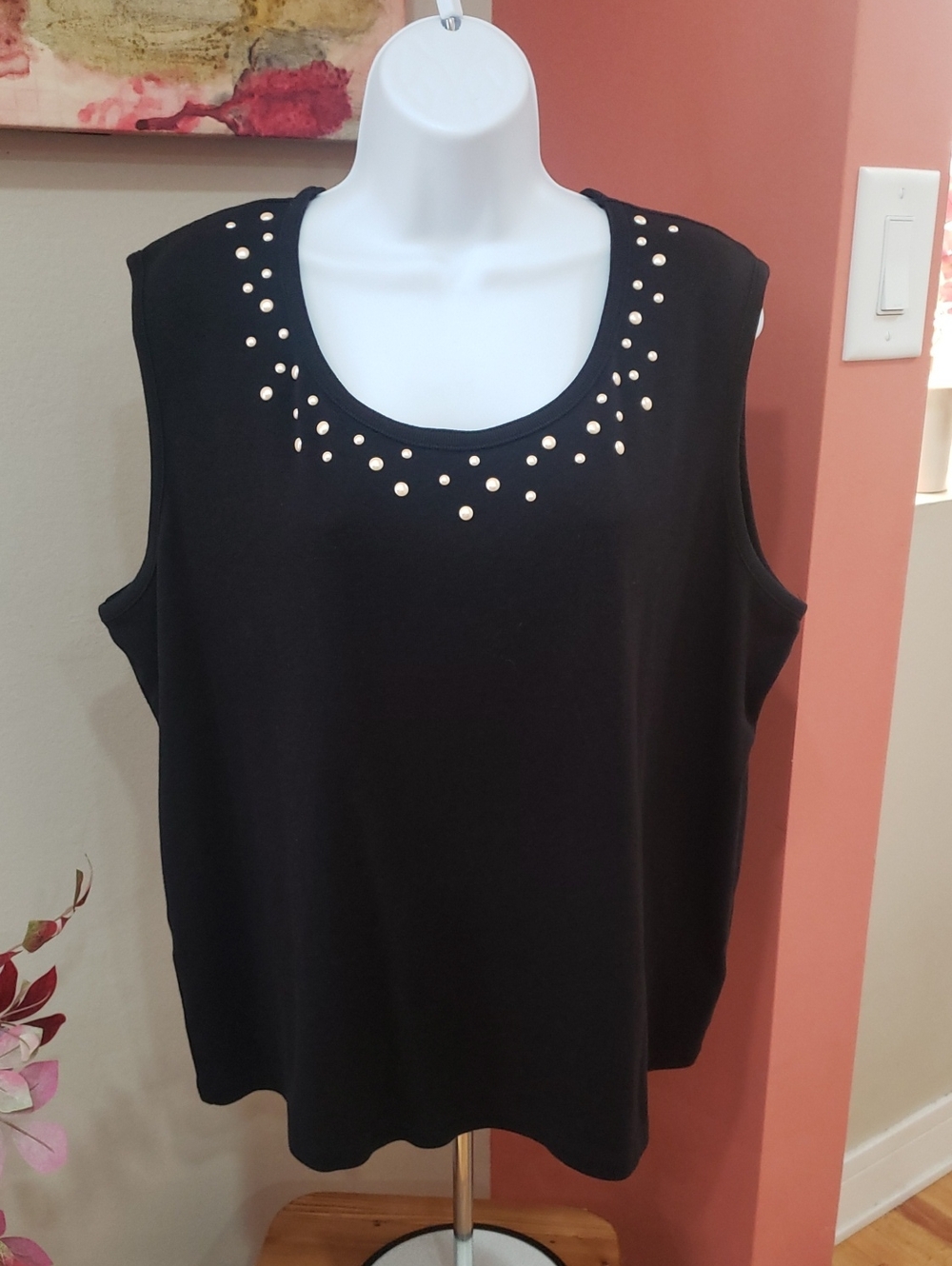 Rafaella Black Scoop Neck Top with Ivory Stud Accents, 3X